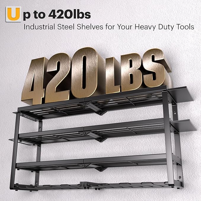 Power Tool Organizer, Quick Assembly & Max 420lb Load With 6 Outlet Power Strip, 4 shelves 8 Slots for Cordless Drill Holder Wall mount in Garage/Workshop/Pegboard Suitable for Birthday Gift
