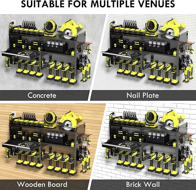 KSVO Power Tool Organizer Wall Mount with Drill Rack, Grinder Holder, Hammer & Pliers Rack, Locking Drawers, 6-Outlet Charging Shelf – Heavy Duty Metal Tool Storage for Garage, Workshop (Black)