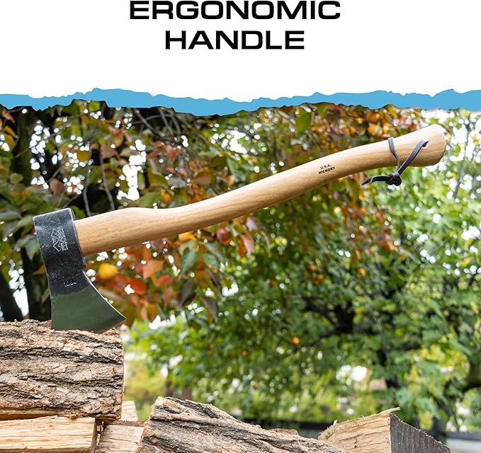 Prandi Axes German C45 Forged Carbon Steel Hatchet - Hickory Handle with Leather String - Ideal for Firewood, Splitting, and Chopping - 23.62" L x 7.36" W, 1000g Head 3.011.10.TH - No Sheath