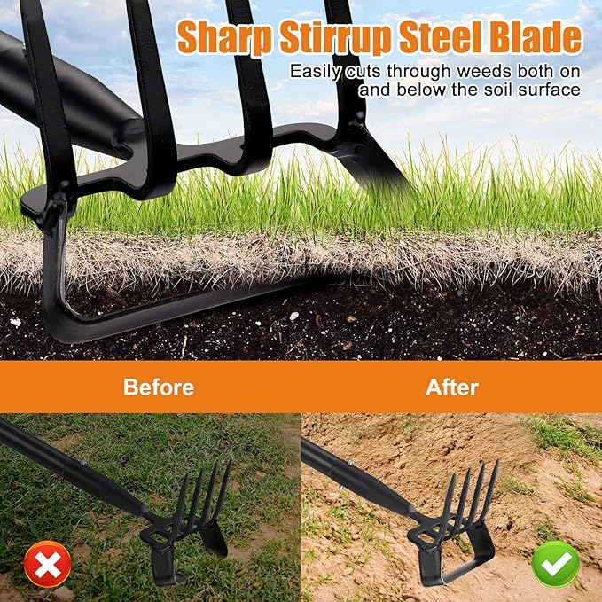 Dual Function Hoe Garden Tool - 36-82” Extra Long Handle Lightweight Stirrup Hula Hoe for Easy Weeding, Carbon Steel Sharp Blade & 4 Tine Rake for Gardening