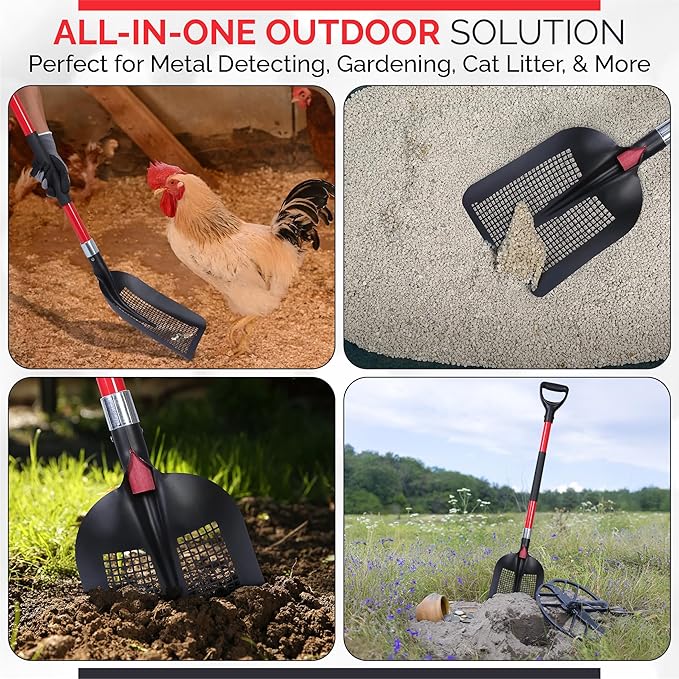Sand Sifter Shovel - Soil Sifter for Beach, Gardening, Cat Litter, Chicken Coop Scooper and Metal Detecting - Durable Metal Mesh Scoop with Ergonomic Handle Double Grip