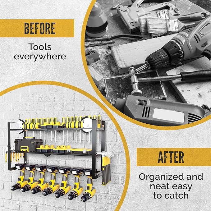 3 Shelf 7 Drill Holder Power Tool Organizer Wall Mount, Tool Storage Rack for Garage, Pegboard, Workshop walls | Compatible for all type of Cordless Power tools Comes With J hooks for Cords