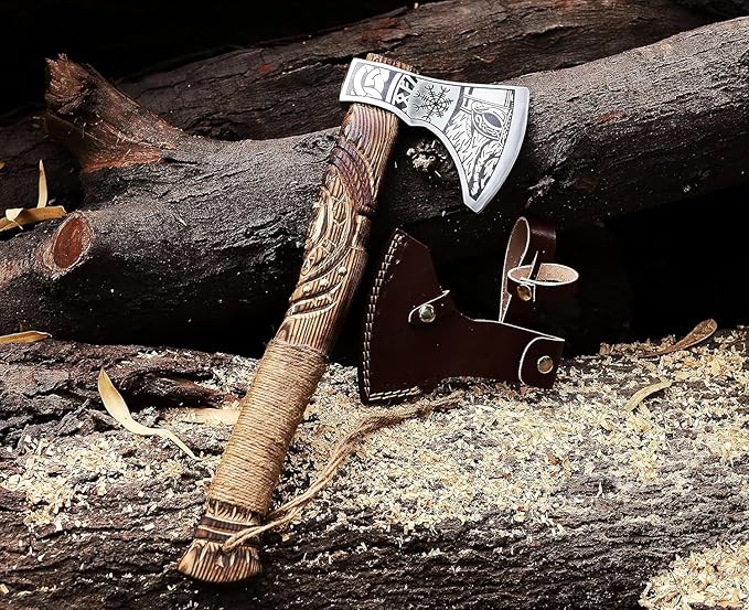 Viking Axe | Hand-Forged Carbon Steel Tomahawk with Rosewood Handle & Leather Sheath, Bearded Axe for Camping, Bushcraft, Throwing, Gifts for Men (Wood)