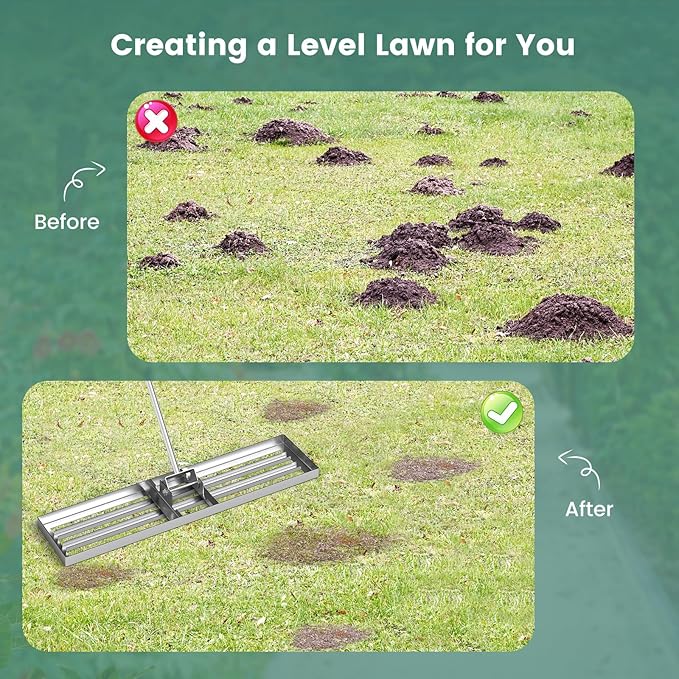 Goplus Lawn Leveling Rake, 42" x 10" Heavy Duty Level Lawn Tool w/ Ergonomic Handle for Soil, Effort-Saving Landscape Rake for Garden, Backyard, Golf Course, Farm, Pasture, Silver