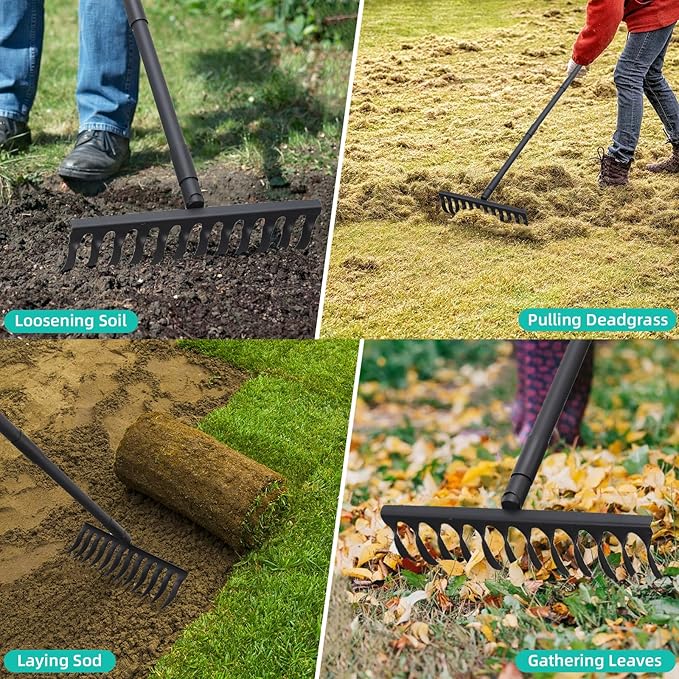 Bow Rake for Soil Leveling 60 Inch Heavy Duty Garden Tool with 12 Tines Adjustable Long Handle Thatch Rake for Gardening Loosening Soil Leveling Mulch Gathering Leaves, Black