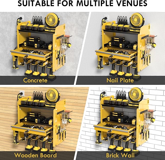 KSVO Power Tool Organizer Wall Mount with Drill Rack & Locking Drawers - Heavy Duty Metal Tool Shelf for Garage, Workshop, Shed, Basement Tool Organization - Gift for Men/Father (Yellow)