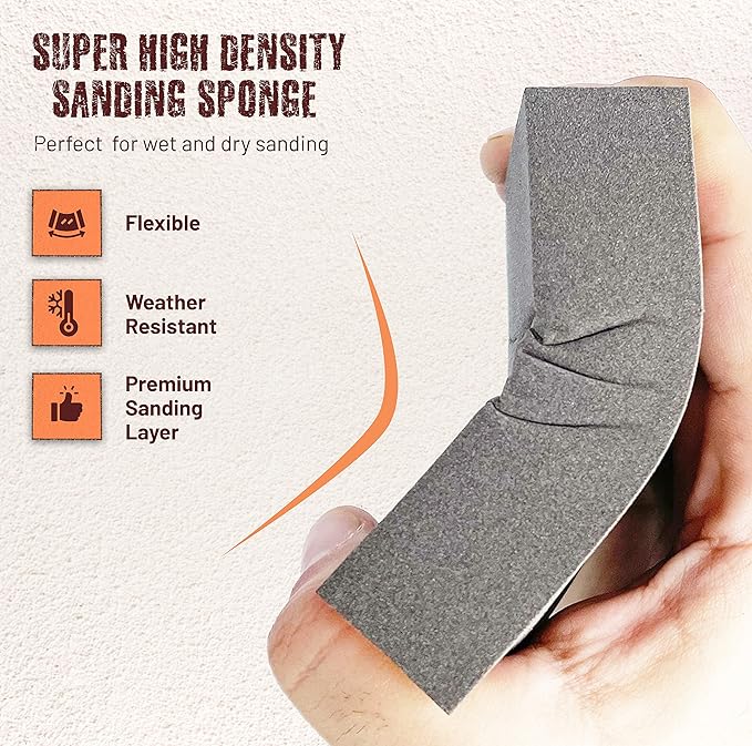 4-Pack 320 Grit Sanding Sponges with Work Gloves – Superfine High-Density Sandpaper Blocks for Wood, Drywall, Metal, and Furniture Polishing – Reusable Wet/Dry Sanding Blocks
