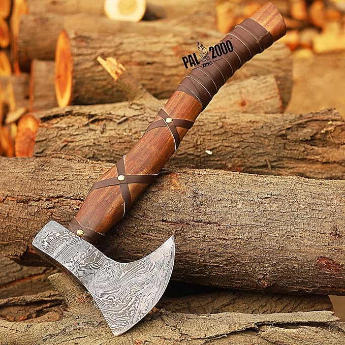 PAL 2000 KNIVES Custom Handmade Damascus Steel Axe - Hatchet Tomahawk Axe, Knife, Solid Rose Wood Handle - Inch - Ax