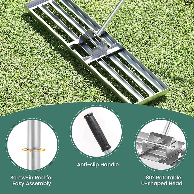 Goplus Lawn Leveling Rake, 42" x 10" Heavy Duty Level Lawn Tool w/ Ergonomic Handle for Soil, Effort-Saving Landscape Rake for Garden, Backyard, Golf Course, Farm, Pasture, Silver
