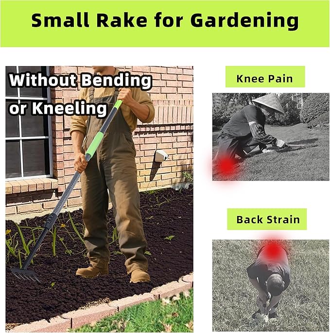Hand Rake, Adjustable Handle Garden Small Rake Garden Tool, Heavy Duty Hand Tiller Cultivator with Soft Foam Grip, Mini Rakes for Weeding Tilling Soil Loosing Planting