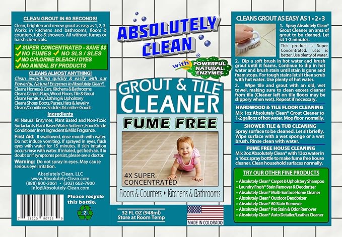 Absolutely Clean FAST GROUT CLEANER! - Professional Strength, Natural Enzyme Formula - Fast Acting, Fume Free - USA Made (32oz Cleans Up To 500 sq ft)