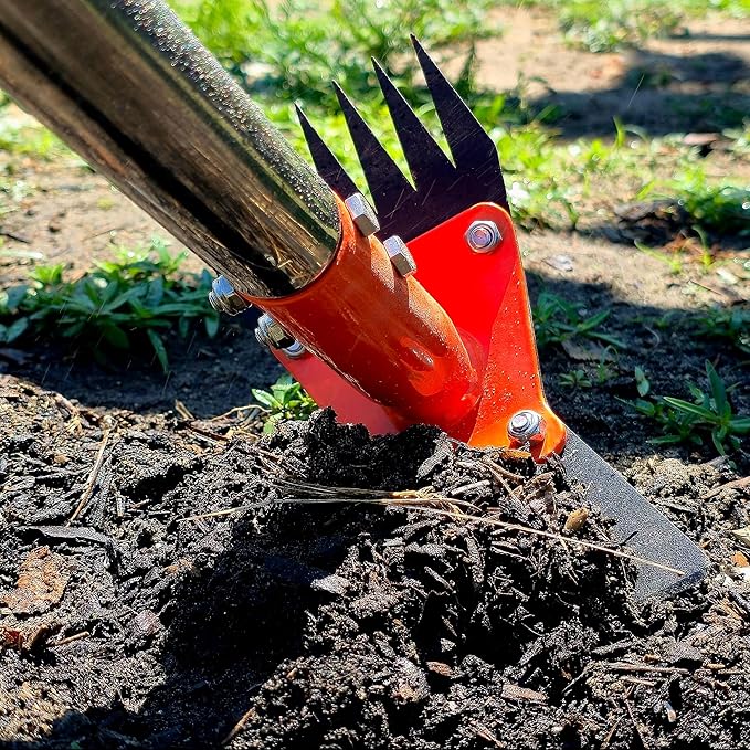 2-in-1 Garden Hoe and Weed Puller Rake, 60 Inch Adjustable Long Handle Weeding Tool Heavy Duty Spring Steel Head with Sand Grain Coating, Weed Remover for Garden, Yard, Lawn, Driveway