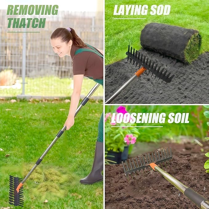 Thatching rakes for lawns, Heavy Duty Metal Thatcher rake with Strong Handle, Wide 15inch Iron dethatching rakes for Yard Leaf & Weed Clean, Soil Loose (Yellow-tine29)