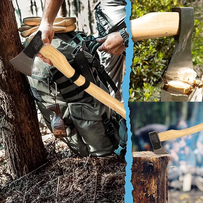 Prandi Axes German C45 Forged Carbon Steel Hatchet - Hickory Handle with Leather String - Ideal for Firewood, Splitting, and Chopping - 23.62" L x 7.36" W, 1000g Head 3.011.10.TH - No Sheath