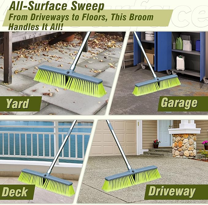 PHYEX Upgraded 18" Push Broom with Adjustable Long Handle, Total Length is 55", Multi-Surface Floor Scrub Brush for Cleaning Deck, Patio, Garage, Driveway