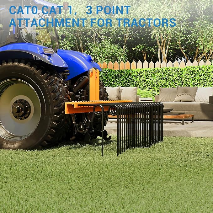 72" 3-Point Tractor Landscape Rake, Pine Straw & Yard Waste Cleaner, Cat 0/1 Hitch Compatible, Powder Coated Steel Blades, Orange