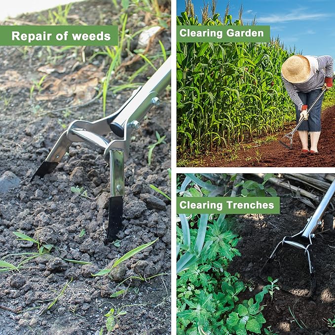 Garden Hoe for Weeding Long Handle Hula Hoe Stirrup Hoe Garden Tool Stainless Steel Poles Adjustable Long Handle Weeding Hoe, 55.9 INCH