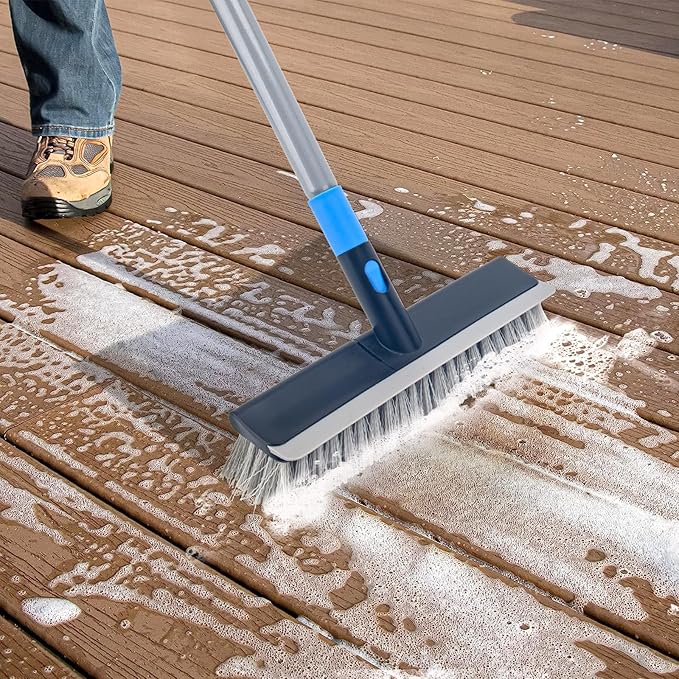 KeFanta Deck Brush with Long Handle, 2 in 1 Floor Scrub Brush for Cleaning, 56" Stiff Bristle Outdoor Scrubber Brush for Patio Concrete Boat Garage Bathroom Kitchen Wall Shower