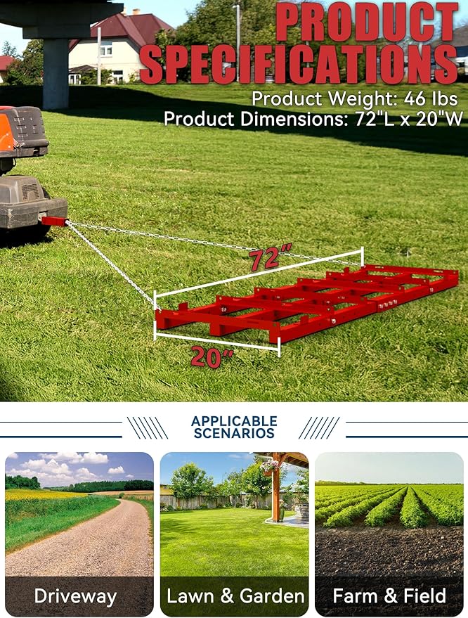 6ft Heavy Duty Drag Harrow for ATV, UTV, Tractor - Adjustable Tow Behind Leveling Rake with Weight Tray for Driveway Grader, Lawn, Field, Pasture, Food Plot Maintenance, Red(72 inch)