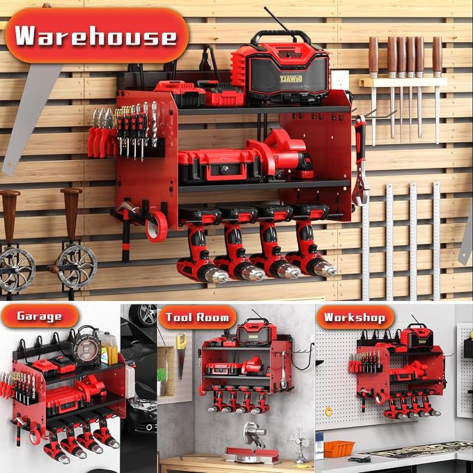 Wide Power Tool Organizer Wall Mount with Charging Station,3 Layer Adjustable Heavy Duty Tool Storage Rack 4 Drills with 8 Outlet Power Strip,Hooks,Screwdriver box,Garage Gifts for Fathers Day,Red