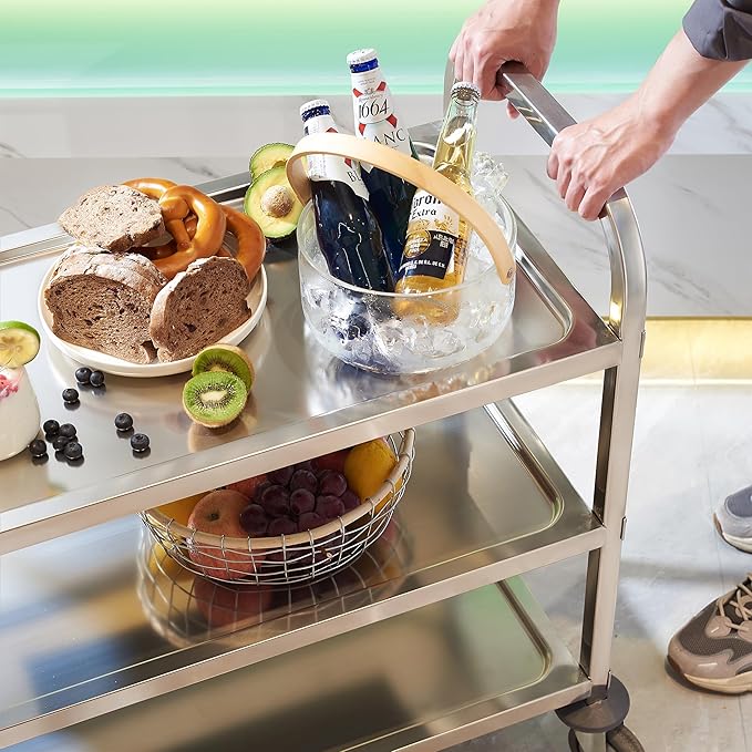 CURTA Stainless Steel Serving Trolley, 30" L x 16" W x 33" H 3 Tiered Shelf Kitchen Utility Cart, Rolling Casters Brake Wheel, Commercial Pro for Restaurant/Hotel/Lab/Clinic/Salon/Workshop