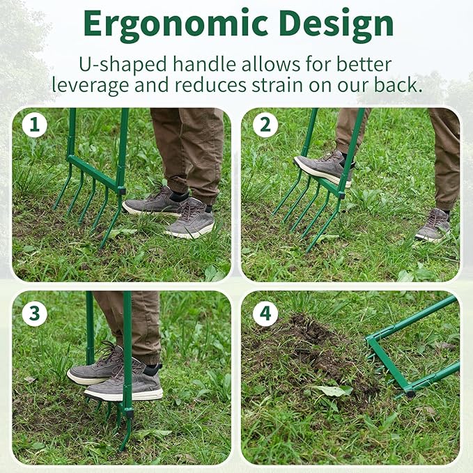 Broadfork Garden Tool with Steel Handle Heavy Duty Five Tines Broad Fork for Gardening Loosening and Aerating Soil, U-Shaped Design Hand Tiller, Compost Turner and Aerator