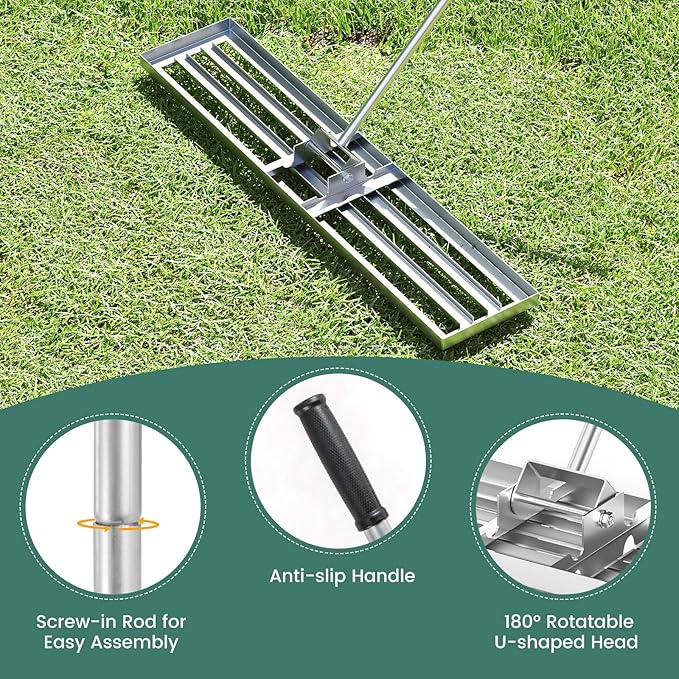 Goplus Lawn Leveling Rake, 46" x 10" Heavy Duty Level Lawn Tool w/ Ergonomic Handle for Soil, Effort-Saving Landscape Rake for Garden, Backyard, Golf Course, Farm, Pasture, Silver