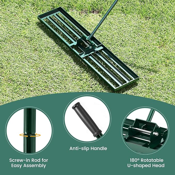Goplus Lawn Leveling Rake, 46" x 10" Heavy Duty Level Lawn Tool w/ Ergonomic Handle for Soil, Effort-Saving Landscape Rake for Garden, Backyard, Golf Course, Farm, Pasture