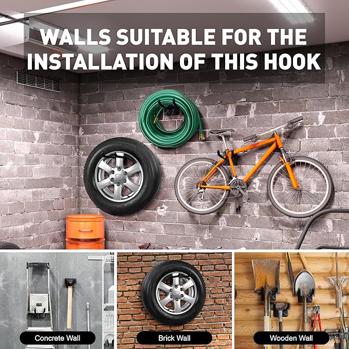 SMART JERRY - Garage Hooks Heavy Duty Tool Organizer │Wall Mount Hooks for Car Tires, Ladders, Chairs, Strollers & Power Tools │Garage Organization Hooks │4 Pack