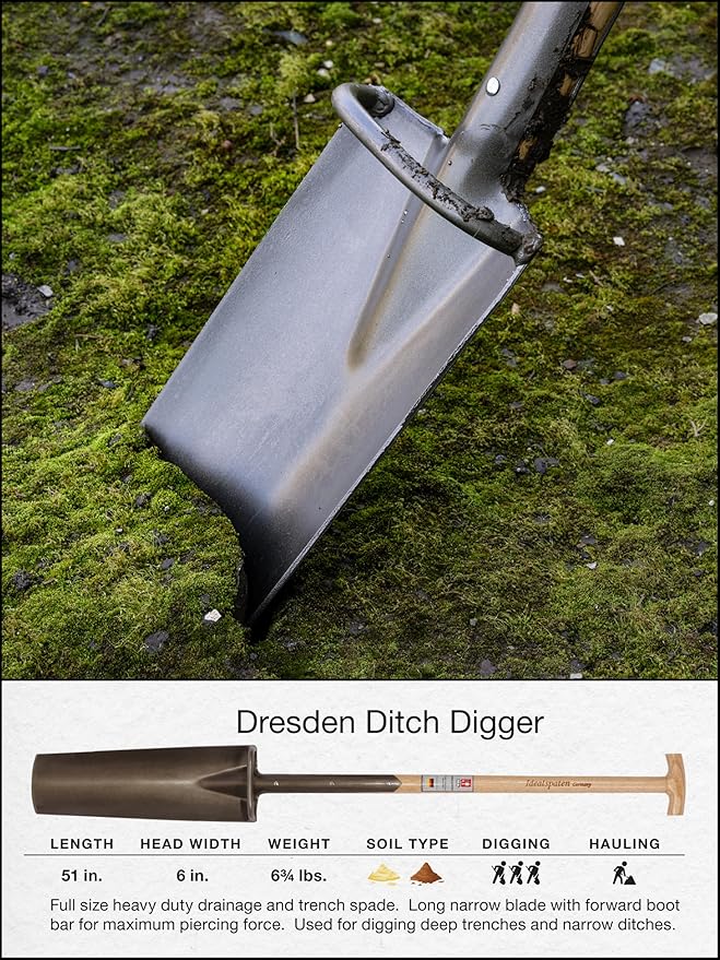 IDEALSPATEN - Made in Germany Since 1899 - Dresden Ditch Digger - T-Handle Professional Trench Irrigation Digging Spade 7.75lb - 51in (Dresden)#IS140