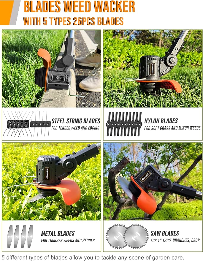 Electric Weed Wacker, 3 in 1 Weed Eater Battery Powered, Grass Trimmer Cordless with 2x21V Batteries & Charger, Lightweight Lawn Trimmer/Edger/Brush Cutter for Yard Garden