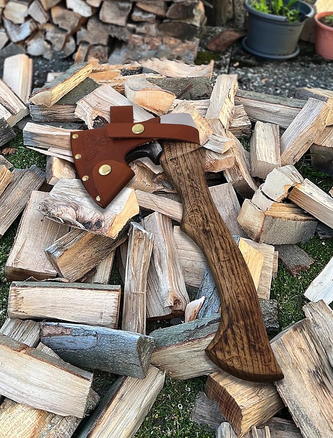 Camping Hatchet -Chopping Axe with Leather Sheath, 13.8" Forged Carbon Steel Wood Splitting Axe for Chopping Camping Survival