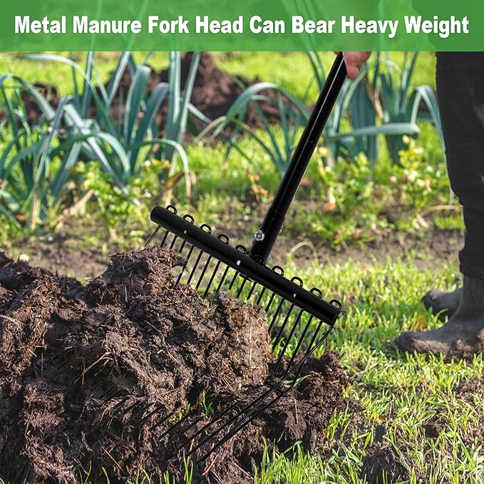 lukar 2 Sets Metal Manure Fork with Long Metal Handle, 18 Tines Manure Fork Head Horse Manure Rake, Heavy Duty Gardening Muck Rake for Picking Up Manure, Grass and Hay
