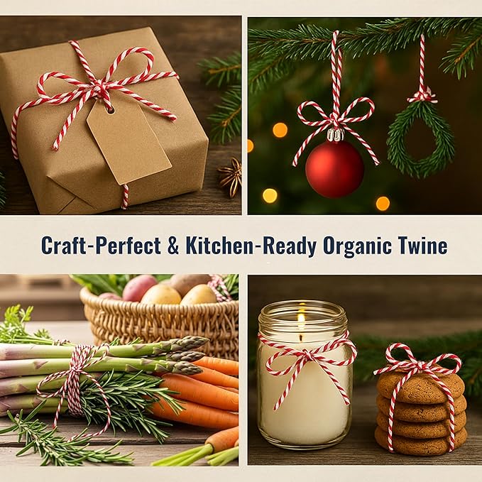 Organic Red and White Twine – 500 Feet Strong Cotton String for Gift Wrapping, Baking, Crafts, Butchering, Holiday Décor, DIY Projects, Packaging & Pastry Boxes