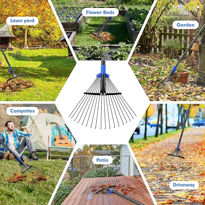 Adjustable Garden Rake for Leaves-Heavy Duty Metal Rake with 8-17" Expandable Head,Long Handle Lawn & Yard for Grass, Shrubs,Flower Beds,Camping,Outdoor Cleaning, Women & Kids