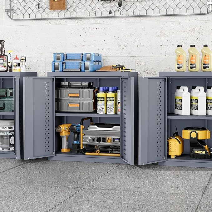 Metal Garage Storage Cabinet Industrial Style Tool Cabinets with 2 Doors and Adjustable Shelf Wall Mounted Steel Hanging Cabinet for Warehouse Basement Kitchen Laundry - Assembly Required
