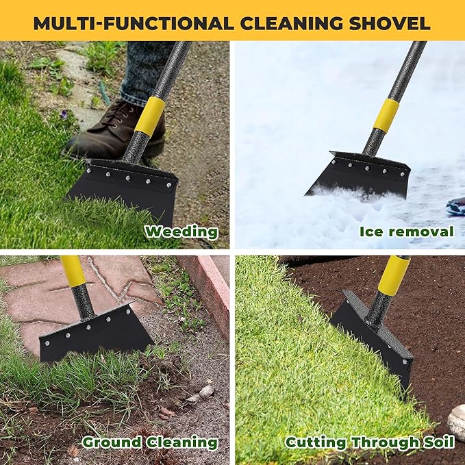 Garden Flat Shovel for Landscaping, Heavy Duty Floor Scraper Long Handle 76", Multifunctional Garden Cleaning Shovel for Digging, Weeding, Scraping, Ice Remove (2 Blades)