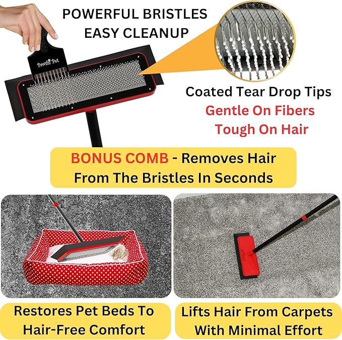 Dog Hair Carpet Rake – Cat and Dog Carpet Hair Removal Tool with Flex and Grab Bristles and Tri-Flex Rubber Edge – Adjustable Handle for Easy Fur Removal on Stairs Furniture Pet Beds Cat Towers