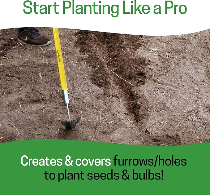 Spear Head Hoe Garden Tool - Long Handle Hoe with 59" Fiberglass Handle, 2 Cushioned Grips, & Stainless Steel Blade with Sharpened Edges & Rake - Multipurpose Garden Hoe for Weeding & More (Yellow)