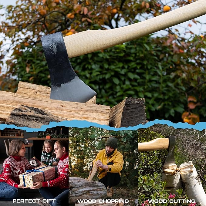 Prandi Axes German C45 Forged Carbon Steel Hatchet - Hickory Handle with Leather String - Ideal for Firewood, Splitting, and Chopping - 23.62" L x 7.36" W, 1000g Head 3.011.10.TH - No Sheath