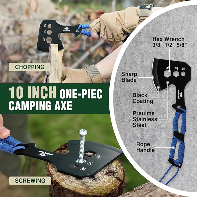 Mossy Oak Hatchet and Machete Knife Set with Sheath, One-Piece Axe & Hunting Knives with Paracord Handle, Zoomable Flashlight, Many Other Tools, Ideal Gift for Men Who Likes Hunting Outdoor Adventure