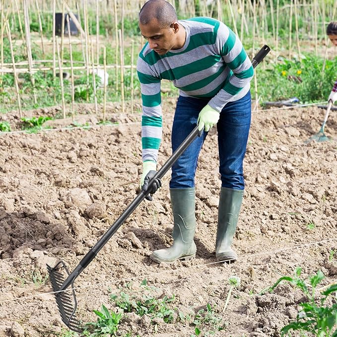 48'' Heavy Duty Garden Rake with Stainless Steel Handle, Metal Head for Loosening Soil, Gathering Leaves, Leveling Lawns