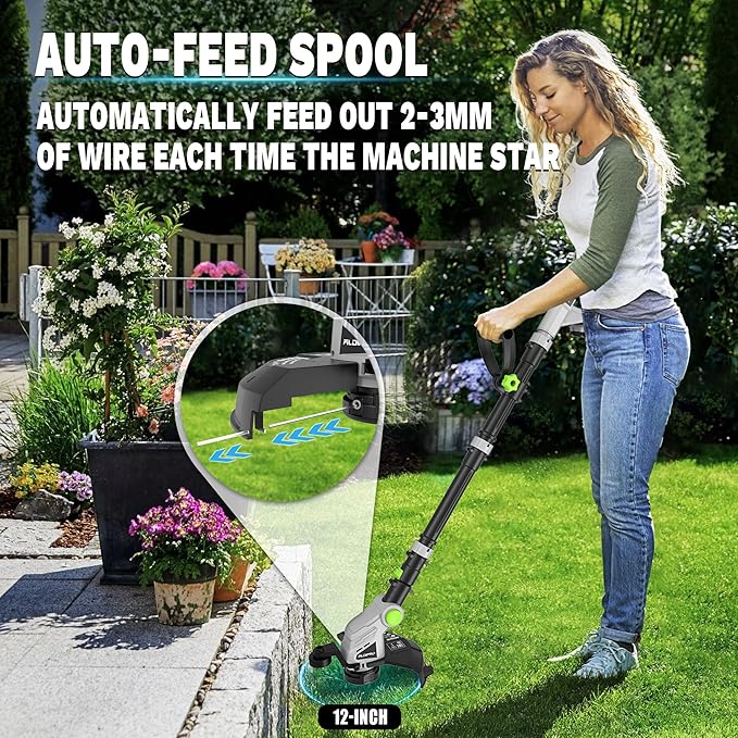 Weed Wacker Cordless 21V 12'' Electric Weed Eater Battery Powered String Trimmer, Auto Line Feed GrassTrimmer Battery and Fast Charger with for Yard, Garden (AD-ST-001)