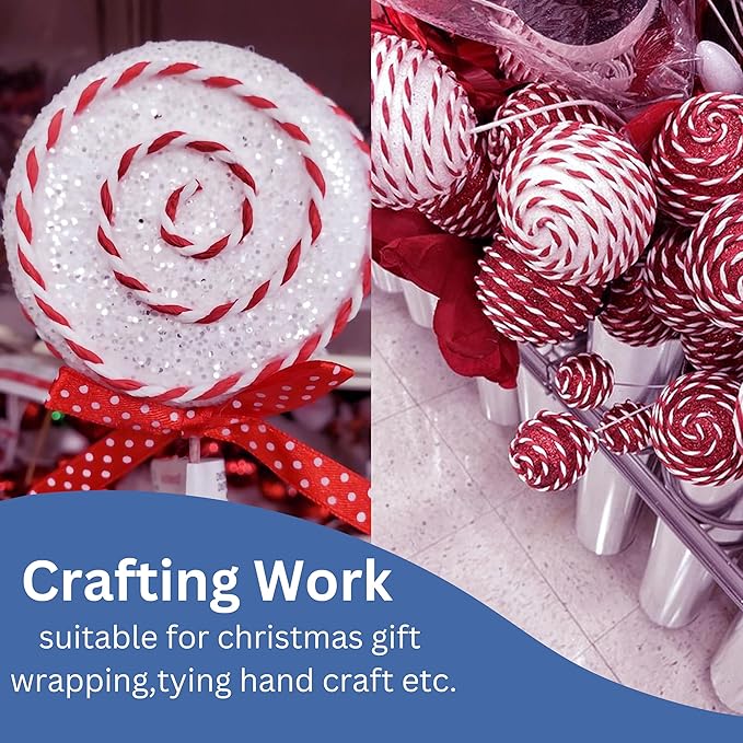 Red and White Organic Twine Cotton String - 200 Feet Wrapping, Baking, Butcher, Crafts, DIY Projects, Easter, Christmas