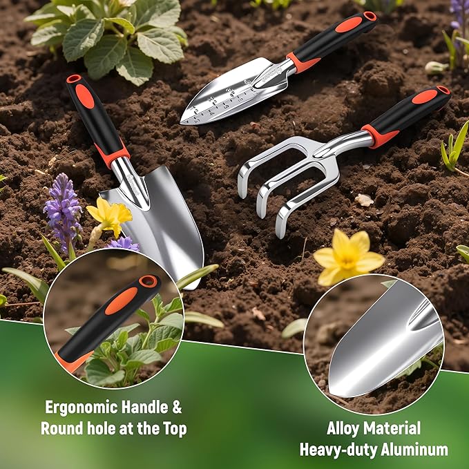 Garden Tool Set, 3 Pack Staines Steel Heavy Gardening Kit Including Hand Shovel, Transplant Shovel and Hand Rake for Planting, Digging, Weeding