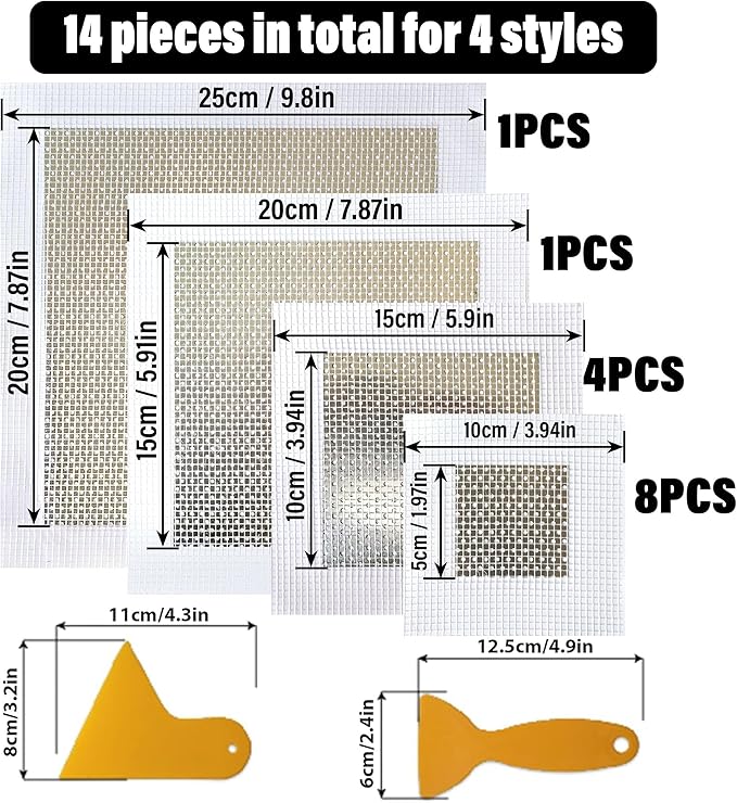 16 Pcs of 4 Sizes Aluminum Drywall Repair Patch Kit Self Adhesive Fiberglass Screen Mend Tools for Metal Sheetrock Ceiling Mesh Plasterboard Hole
