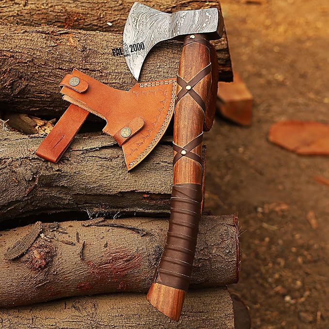 PAL 2000 KNIVES Custom Handmade Damascus Steel Axe - Hatchet Tomahawk Axe, Knife, Solid Rose Wood Handle - Inch - Ax