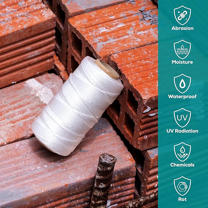 White Mason Line String – 393ft, 1.3mm Thick Twisted Polypropylene – Durable Construction Twine for Laying Bricks, Blocks, Fences in Gardening, DIY & Landscaping Projects