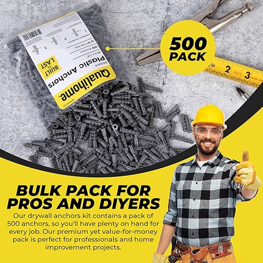 Qualihome Ribbed Plastic Drywall Anchors - Wall Anchors for Drywall - Plastic Screw Anchors for Secure Fastening (Bulk Pack, #6-8 x 7/8")