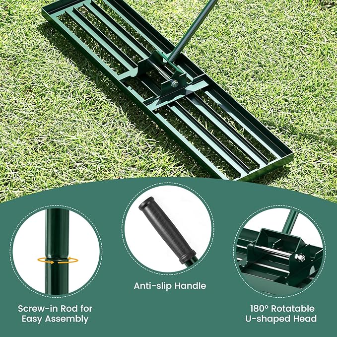 Goplus Lawn Leveling Rake, 42" x 10" Heavy Duty Level Lawn Tool w/ Ergonomic Handle for Soil, Effort-Saving Landscape Rake for Garden, Backyard, Golf Course, Farm, Pasture